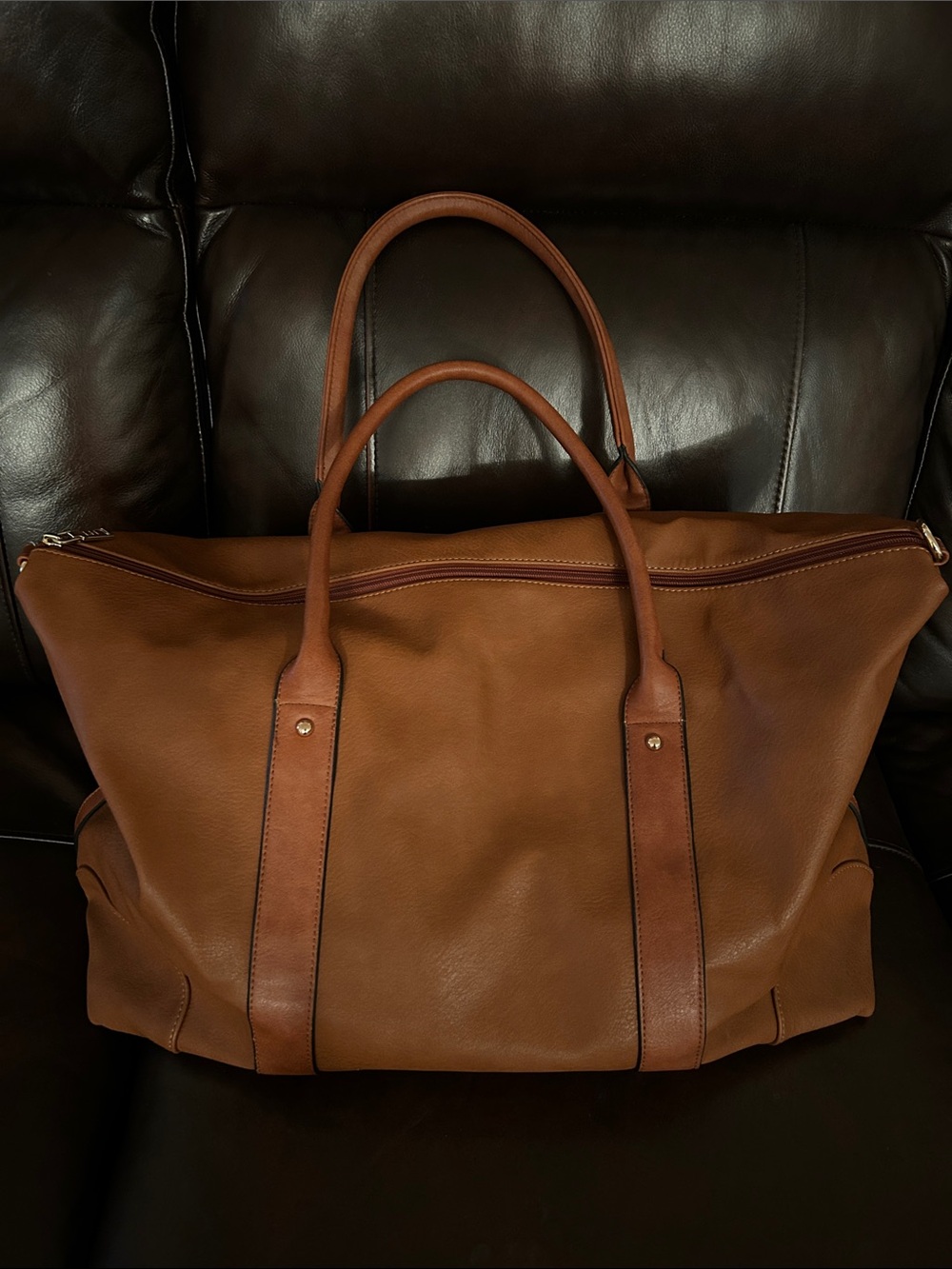 NWT Louenhide - Unisex Tan Vegan Leather Duffel Bag with Adjustable Strap.